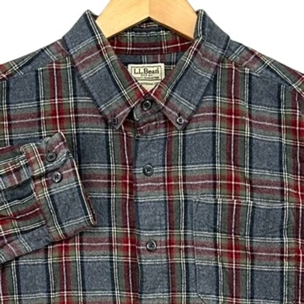 L.L. Bean Traditional Fit Scotch Plaid Flannel Button Up Shirt Grey L Cabincore - Picture 1 of 10